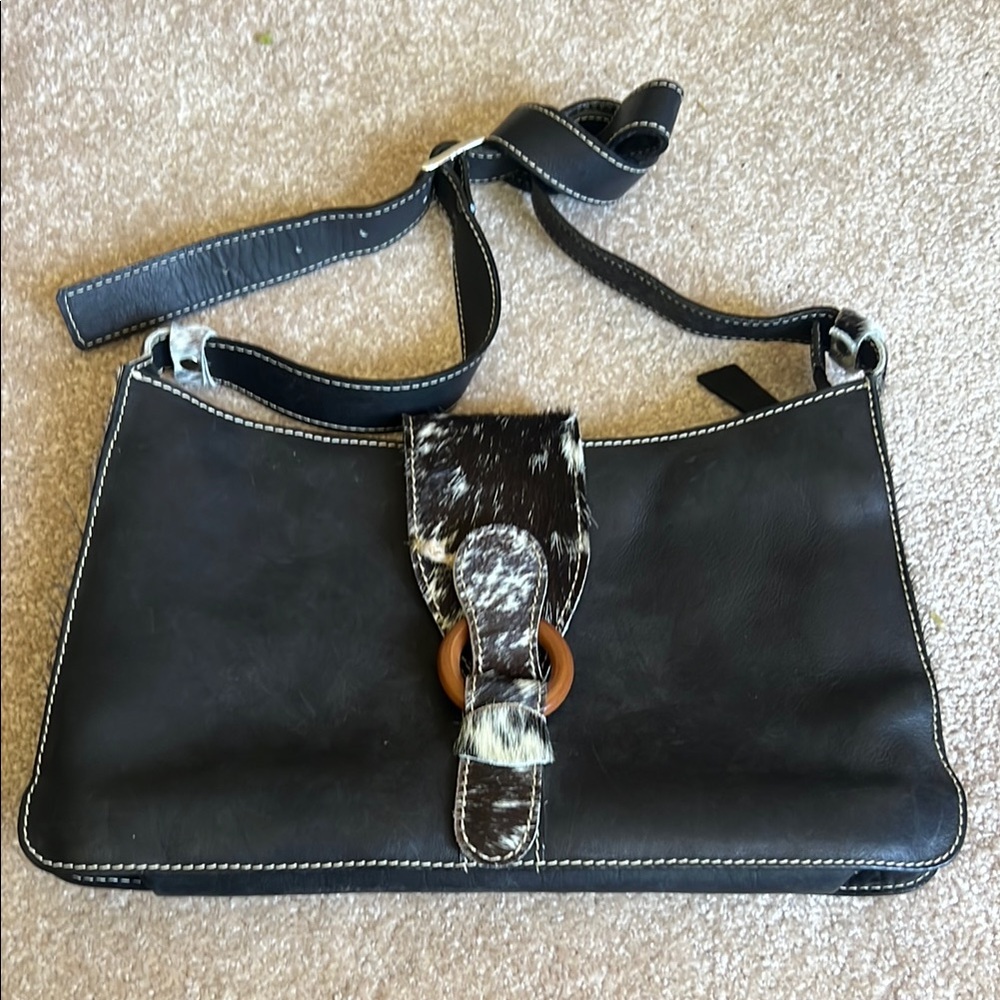 Genuine Black Leather Shoulder Bag with hair on hide Print Accent